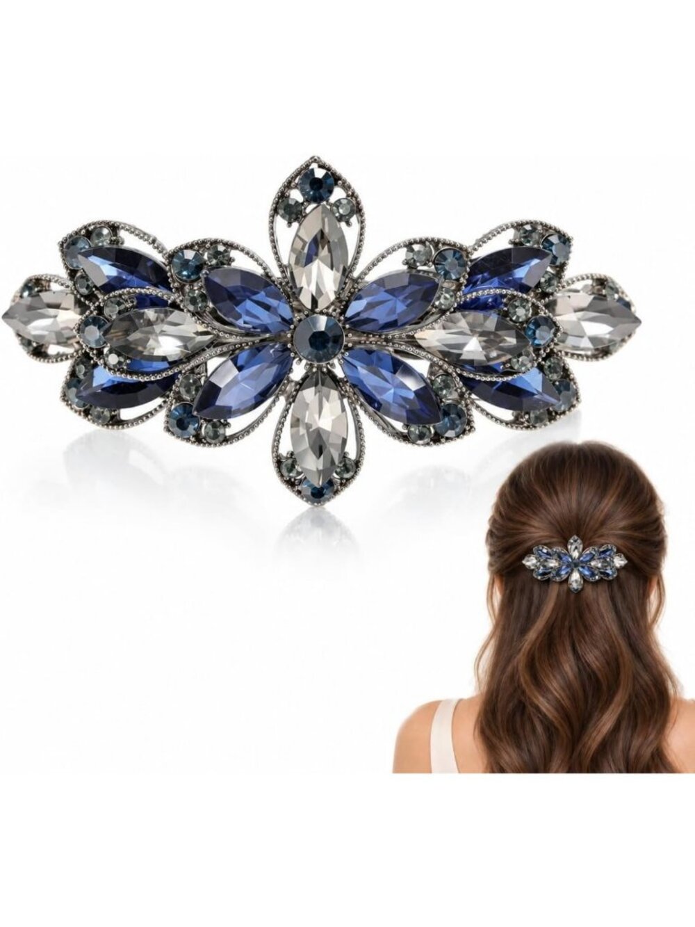 Navy Blue Floral Rhinestone Hair Clip for Women, Sparkly Crystal Barrette